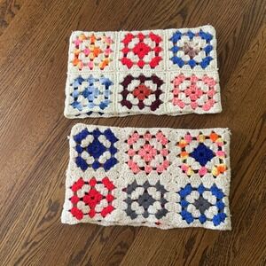 VTG Pair Hand Made Crochet Colorful Granny Square Pillow Covers‎ READ